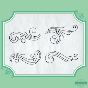 May include: Four black and white swirl designs on a white background. The swirls are different sizes and shapes, and they are all facing the same direction.