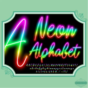 Pode incluir: Fonte de alfabeto neon com um degradê arco-íris. As letras são contornadas em branco e o fundo é preto. A palavra "Neon" e a letra "A" são maiores que o resto do alfabeto.