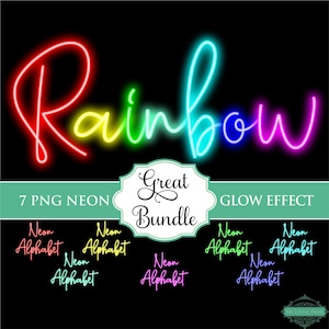 Neon Script Glow Effect Bundle 7 colores Alfabeto PNG Clip Letras de arte Fuente Descarga instantánea Descargar archivos rojo amarillo verde Aqua Cyan Azul Magenta