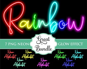 Neon Skript Glow Effect Bundle 7 Farben Alphabet PNG Clip Art Buchstaben Schrift Art Instant Download Dateien rot gelb grün Aqua Cyan blau Magenta