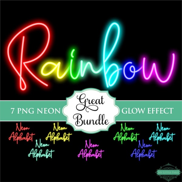 Neon Skript Glow Effect Bundle 7 Farben Alphabet PNG Clip Art Buchstaben Schrift Art Instant Download Dateien rot gelb grün Aqua Cyan blau Magenta