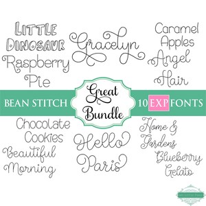 May include: A graphic design image featuring 10 cursive fonts in a black outline. The fonts are displayed in a white background with a green banner at the top and bottom. The text on the banner reads "BEAN STITCH" and "10 EXP FONTS". The text on the banner is in a pink font. The fonts are displayed in a variety of sizes and styles. The fonts are all in a cursive style. The fonts are all in a black outline. The fonts are all in a white background. The fonts are all in a green banner. The fonts are all in a pink font.