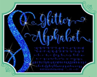 May include: Blue glitter alphabet font with uppercase and lowercase letters, numbers, and symbols. The word "Glitter Alphabet" is written in a large, cursive font.