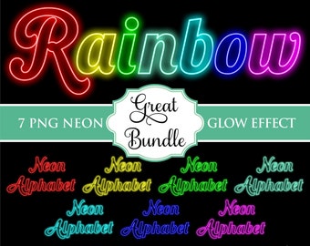 May include: Rainbow neon alphabet letters in red, orange, yellow, green, blue, indigo, and violet. The text "7 PNG NEON" and "Great Bundle" are also included in the image. The text "GLOW EFFECT" is also included in the image.