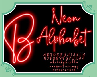 May include: Neon alphabet font with a red glowing letter B. The font includes uppercase and lowercase letters, numbers, and an ampersand.