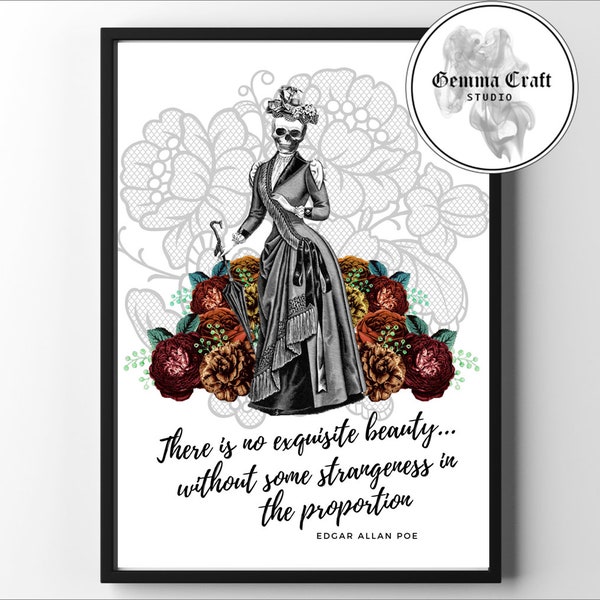 Skeleton Print, Edgar Allan Poe Quote Print, Victorian Gothic Print, Colourful Gothic Print, A4 Print