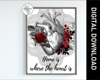 Gothic Print, Gothic Home Print, Digital Download, Home is where the Heart is, Anatomical Heart, Gothic Art, Housewarming Gift