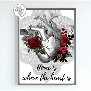 Home is Where the Heart is, Gothic Home Print, A4 Gothic Picture, , Anatomical Heart, Gothic Art, Housewarming Gift,
