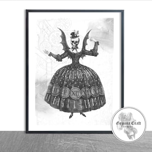 Goth Skeleton Art, Steampunk Skeleton Print, Gothic Print, A4 Gothic Print, Gothic Home Print, Black and White Print, Halloween