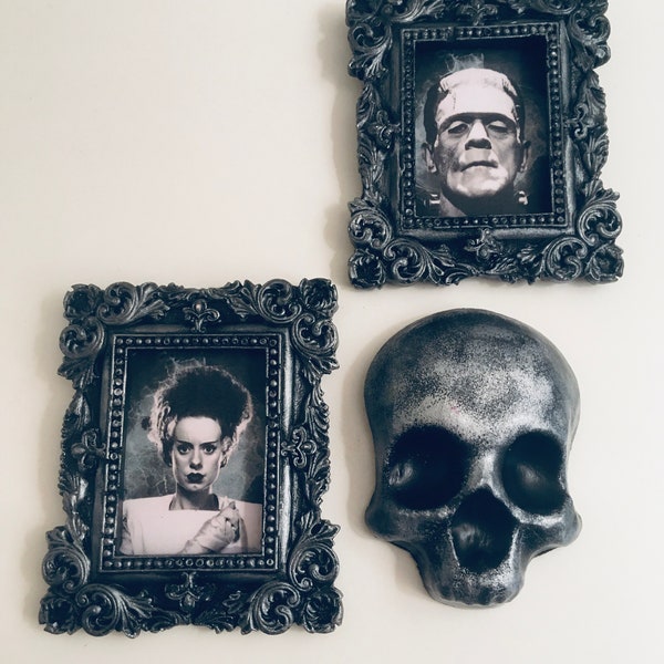 Miniature Bride of Frankenstein Frame, Silver Gothic Frames, Gothic Frankenstein Frames, Gothic Wall Decor