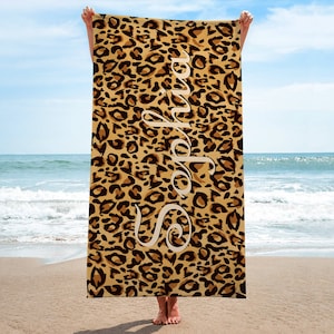 Personalized Leopard Beach Towels-Custom Name Beach Towels-Personalized Beach Towel-Leopard Beach Towel-Bride Beach Towel-Tiger Beach Towel