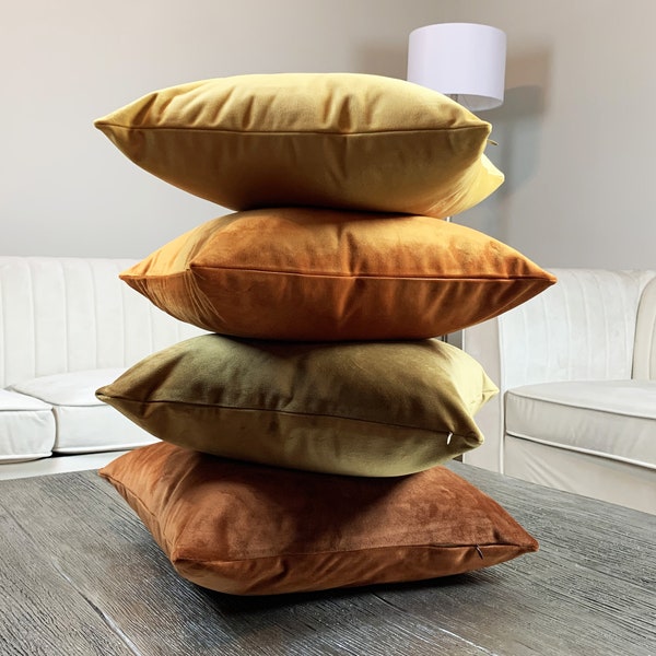 Velvet Pillow Cover with Invisible Zipper -Decorative Orange Color Tones Velvet Pillow Cover –Handmade Multiple Size Covers- 100% Polyester