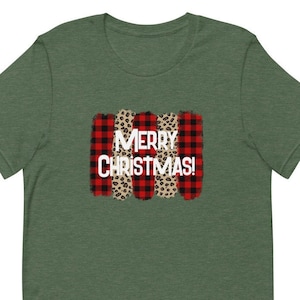 Christmas Shirts, Merry Christmas Buffalo Plaid and Leopard Print Shirt, Cute Christmas Shirts For Women, Merry Christmas Tee
