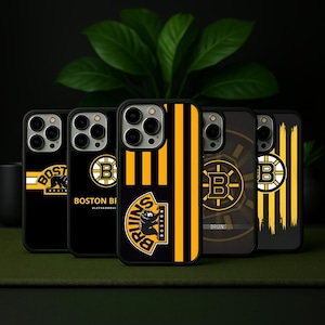 May include: A collection of black phone cases featuring the Boston Bruins logo and team colors. Designs include the Bruins bear logo, the letter "B", and vertical stripes in gold and black. The text "BOSTON BRUINS" is also visible.