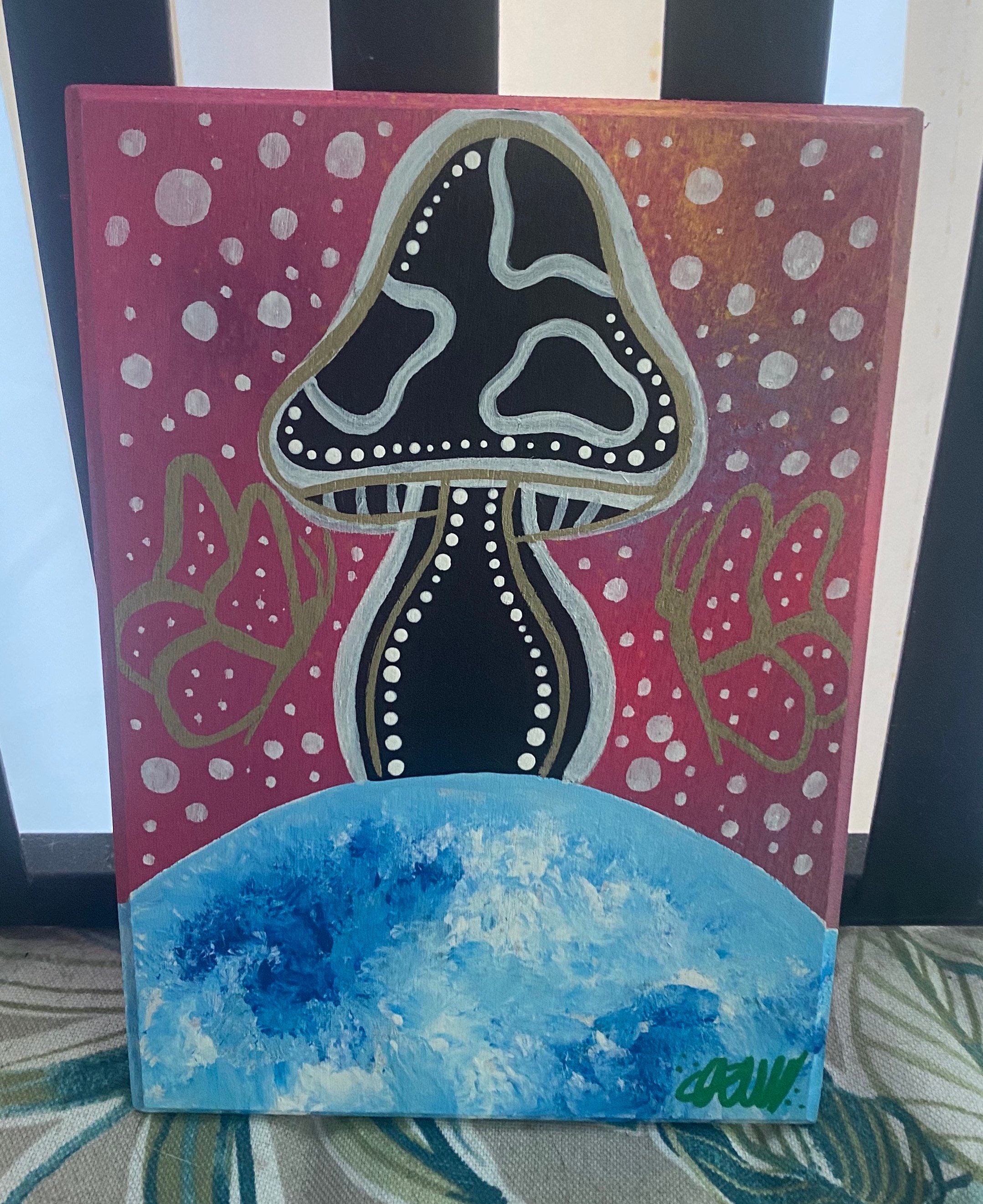 Trippy UFO Mushroom Heart Wood Painting