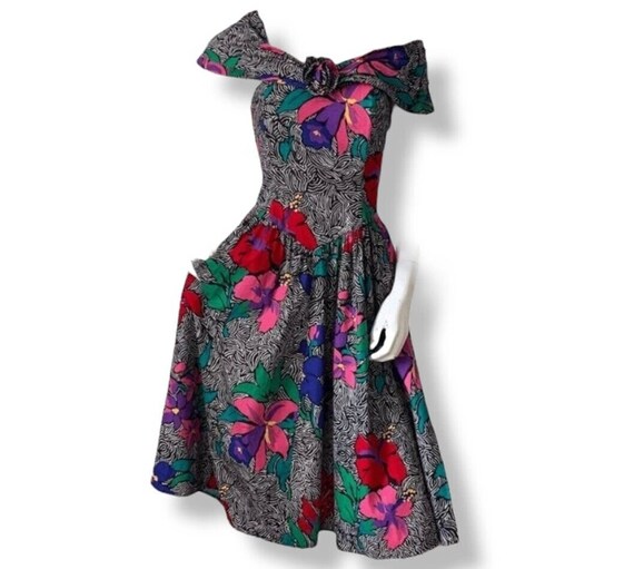 Vintage 50s Gown Fit Flare Bright Floral Off Shou… - image 1