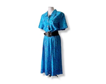 Vintage Blue 1960s Dress Button Down Short Sleeve a line short sleeve shirt dress