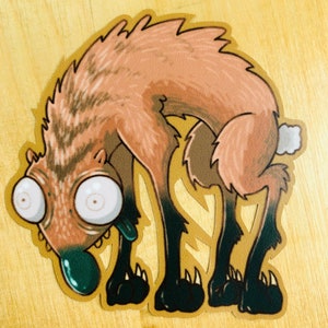 May include: A cartoon illustration of a brown and black creature with large eyes and a long snout. The creature has a white tail and is standing on a yellow background.