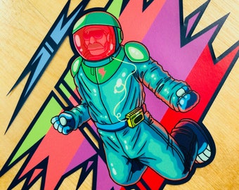 Neon Astro Vinyl Sticker, Kosmos, Cyberpunk, Astronauta