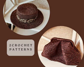 2 Häkelanleitungen für Tasche und Mütze. Häkelanleitung Knödelbeutel. Armband-Clutch. Boater Hut Häkelanleitung. Gehäkelte Mütze. Raffia Sonnenhut