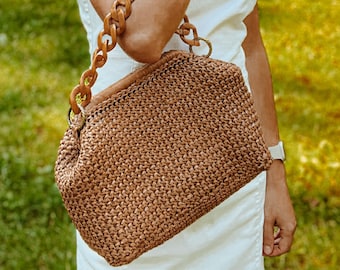 Crocheted Raffia Clutch Bag: Wood Color, Chain Handle