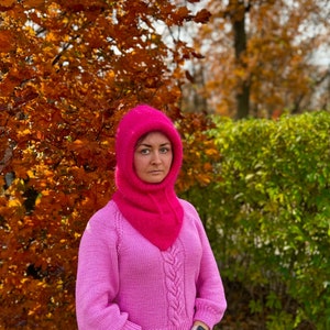 Pink (Crimson) Wool balaclava  color. Women winter hood. Balaclava hat for women. Fluffy knit hood. Angora balaclava.