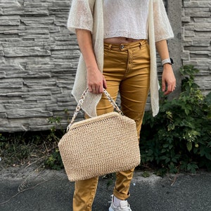 crochet clutch color Wood. Crochet Beach Bag. Wicker Clutch Bag. Evening Crochet Pouch Bag