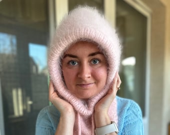 Pink color Angora balaclava. Women winter hood. Balaclava hat for women. Fluffy knit hood.