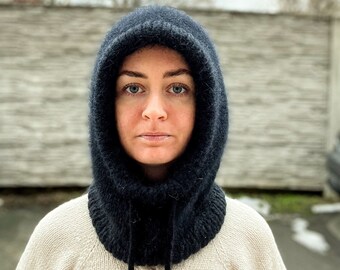 Black Angora Balaclava: Handmade Knitted Wool Hood