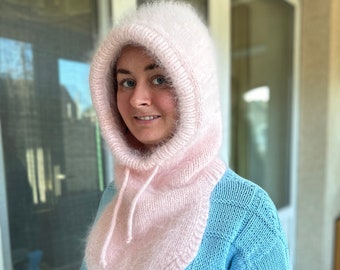 Light pink Angora balaclava. Women winter hood. Balaclava hat for women. Fluffy knit hood.