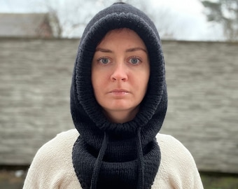 Black Merino hood and Mitts merino. Winter cowl hood. Neck Warmer. 100% merino wool knit. Womens merino wool balaclava