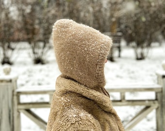 Angora balaclava Caramel color. Women winter hood. Balaclava hat for women. Fluffy knit hood.