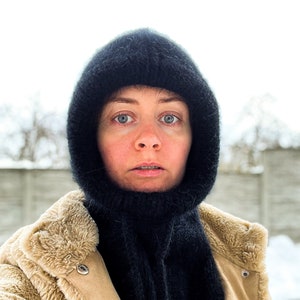 Wool balaclava Black color. Women winter hood. Balaclava hat for women. Fluffy knit hood. Angora balaclava.