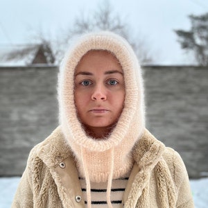 Balaclava hat Wool Cream color. Balaclava hat for women. Fluffy knit hood. Angora balaclava.
