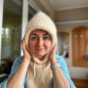 Cream color Wool balaclava. Women winter hood. Balaclava hat for women. Fluffy knit hood. Angora balaclava.