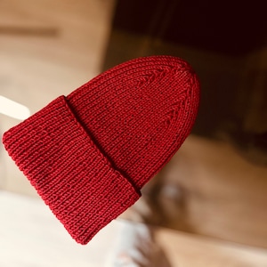 Red Merino Wool Knit Beanie: Handmade Winter Hat