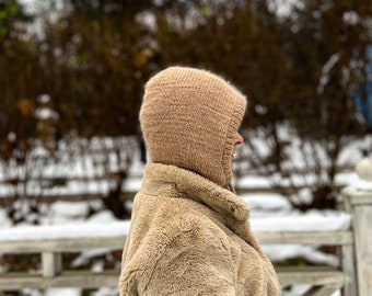 Angora hood. Balaclava hat Wool. Balaclava hat for women. Fluffy knit hood.