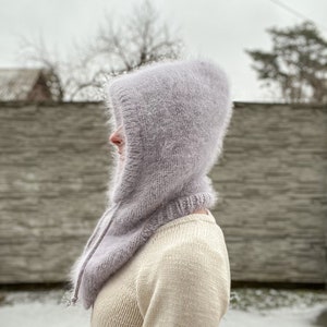 Hand Knit Purple Angora Balaclava: Fluffy Winter Hood