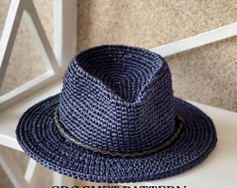 Modello per cappello Fedora in rafia all'uncinetto - Download PDF del tutorial fai da te, passo passo, cappello estivo da spiaggia