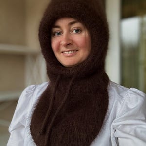 Angora balaclava hat Color Chocolate. Women&#39;s wool knit hat. Warm knitted hood