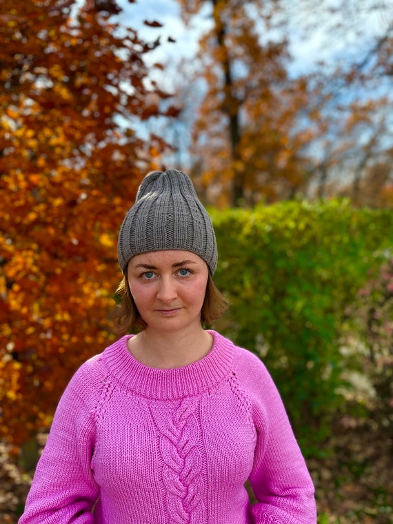 ハンドメイド 紫 ニットビーニー ハンドメイド ニット帽 ビーニー