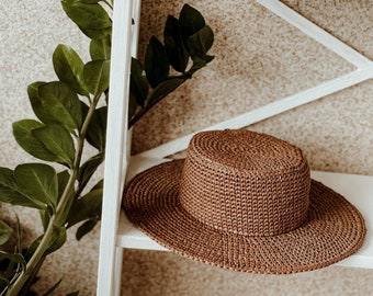 Summer Straw Sun Hat For Women. Summer Canotier straw hat. Raffia Hat. Handmade raffia hat