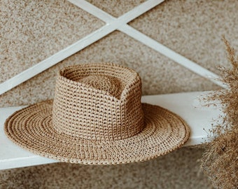 Raffia Fedora Hat, Elegant Kraft Summer Travel Hat, Lightweight Straw Hat for Women and Men