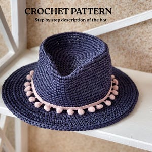 CROCHET PATTERN. Fedora Crochet Sun Hat Pattern. Cleo Wide Brim Fedora Pattern PDF. Stiff Brim Hat. Fedora hat for men. Women's Cowboy Hat.