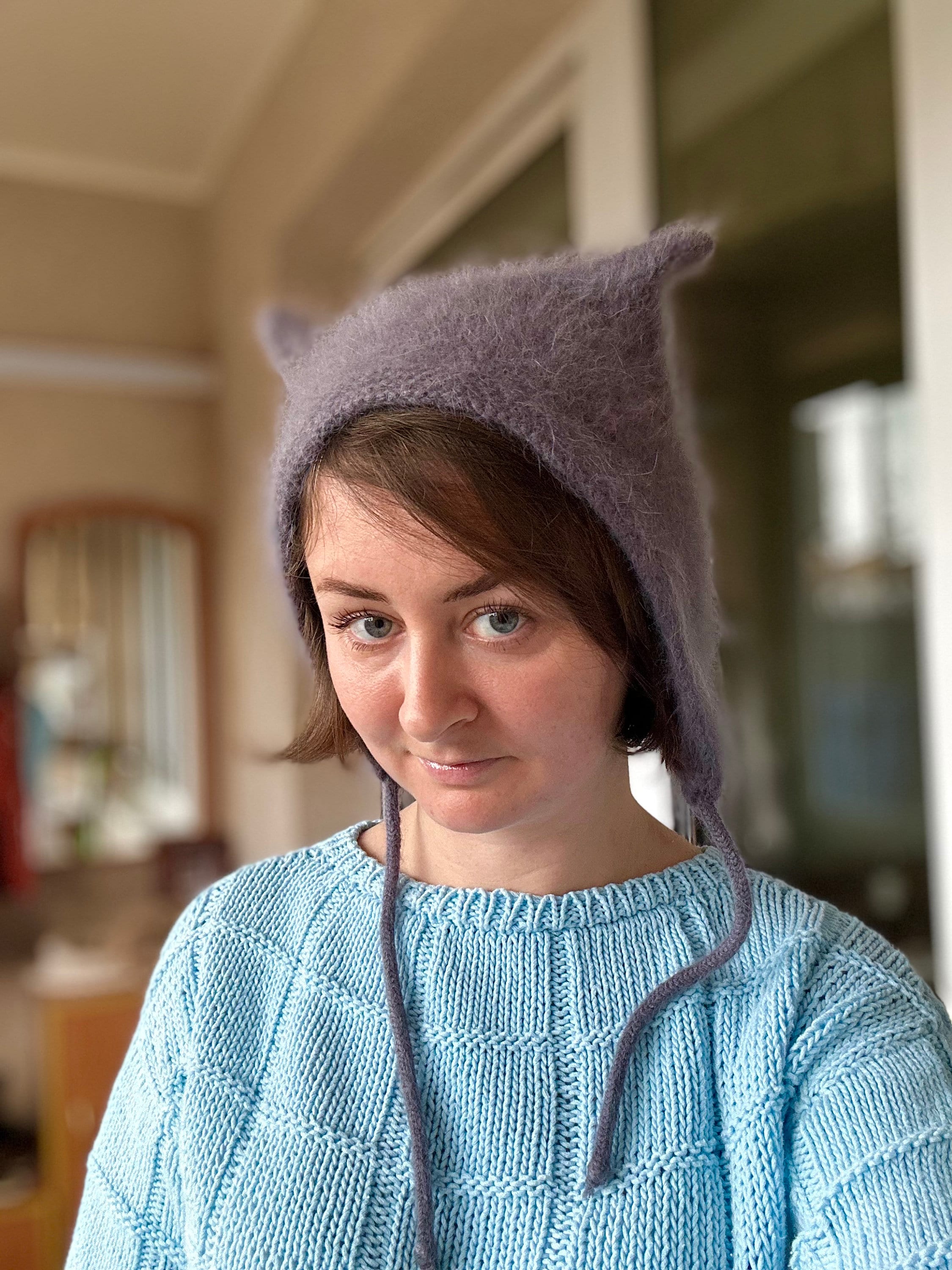 Angora Cat Ear Beanie, Handmade Knit Bonnet, Fluffy Cat Hat, Cat