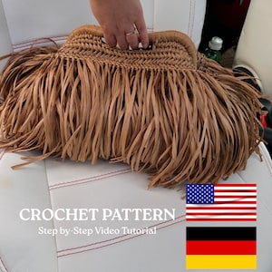 Häkelanleitung für eine Clutch aus Bast – Fransen-Tasche (PDF-Tutorial), Sommerliche Abendtasche, Video-Tutorial (Englisch, Deutsch, PDF)