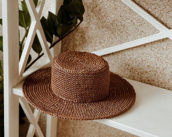 Raffia Straw Boater Hat for Women, Handmade Canotier Summer Beach Sun Hat, Packable Travel Hat, Custom Size 52–62 cm