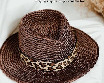Fedora Crochet Sun Hat Pattern. Cleo Wide Brim Fedora Pattern PDF. Natural color fedora hat. Stiff Brim Hat. Fedora hat for men and women
