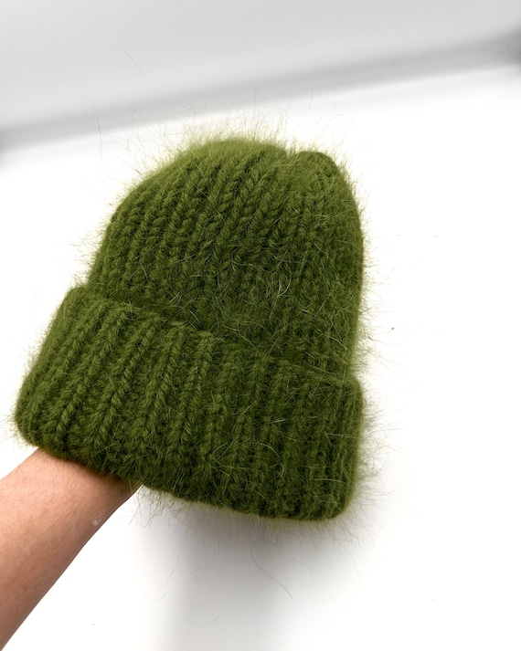 Angora & Merino Beanie Hat - Olive Green Angora and Wool Knit Double Layered Beanie Hat in Two  main image 3