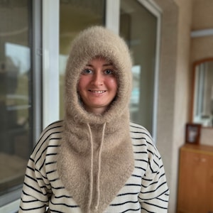 Handmade Angora Balaclava Hat – Fluffy Knit Winter Hood, Soft Wool Face Mask, Cozy Ski Mask